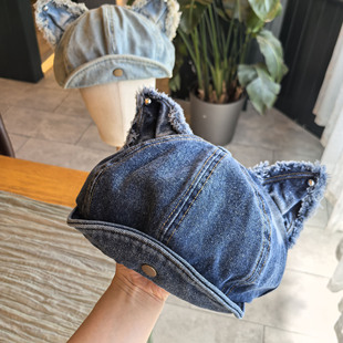 日系翻檐可爱猫耳水洗做旧八角帽子女百搭文艺复古牛仔报童贝雷帽