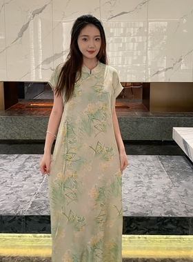 夏季女士连衣裙立领修身气质显瘦棉绸长裙新中式旗袍短袖大码钉珠