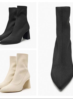 西班牙2023秋季新款 TRF尖头时装粗跟女靴套筒仙女风面料高跟短靴