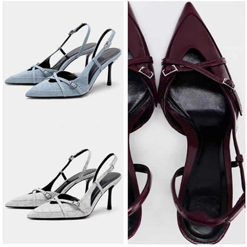 西班牙2024春季新款小众浅口穆勒凉鞋瘦长蓝色牛仔细高跟尖头单鞋