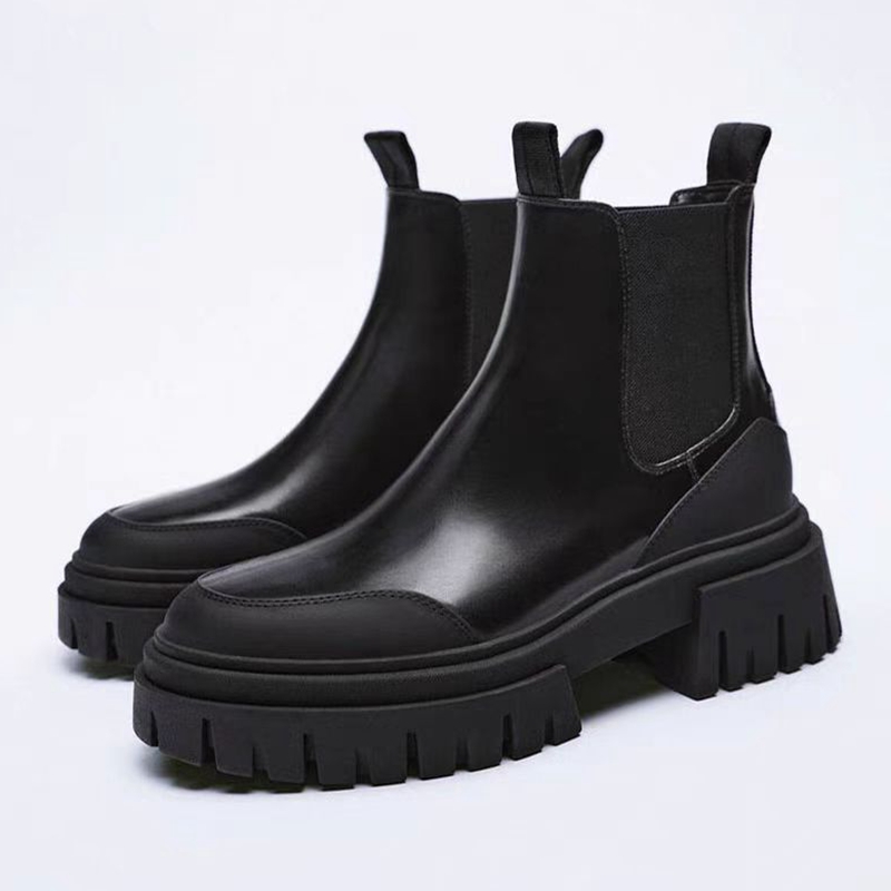 西班牙2024春秋圆头厚底增高女鞋暗黑切尔西欧美靴粗跟时装马丁靴