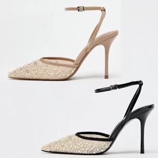 西班牙2025夏季新品尖头浅口凉鞋亮光网眼气质露跟穆勒细高跟单鞋