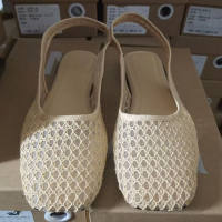 Spanish autumn 2025 new fashion hollowed-out European and American sandals, square toe mesh exposed heel flat sole ballet single shoes thumbnail 4
