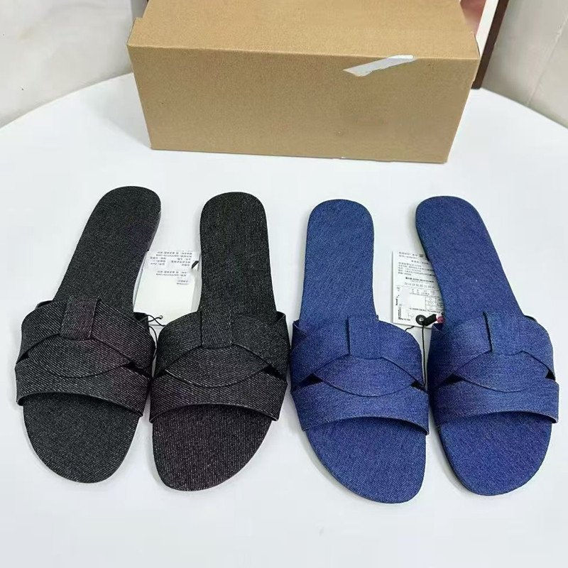 西班牙2026春季新款欧美外穿牛仔布女凉拖编制交叉带露趾平底凉鞋