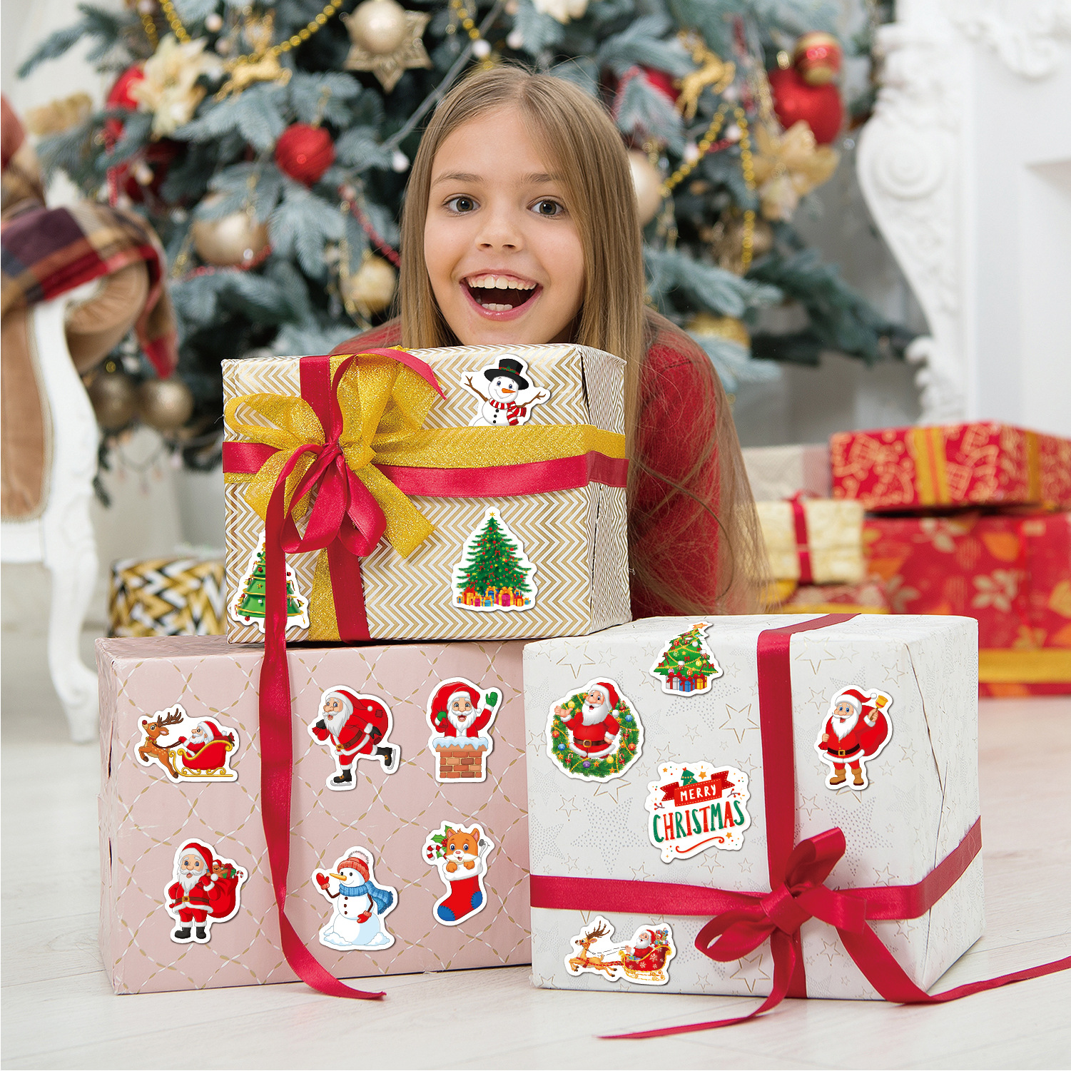 圣诞贴纸老人雪花树装饰小图案礼物包装高颜值ins风儿童男女孩迷你小图案贴画幼儿园宝宝奖励学生粘贴表情包