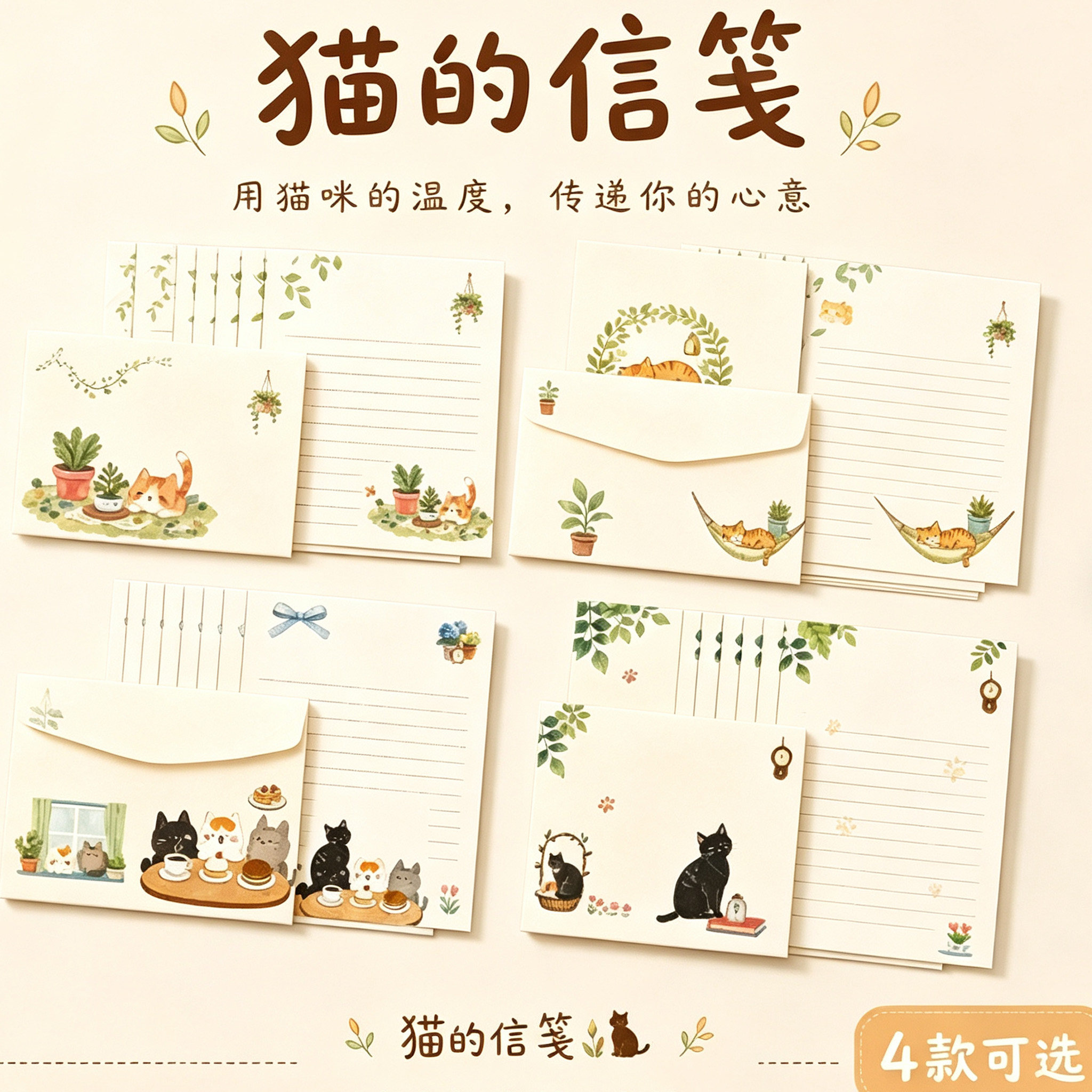 可爱卡通小猫咪手写的信纸和加信封套装高级感精致情书生日礼物贺卡信笺简约儿童女初中小学生好看漂亮的文艺图片