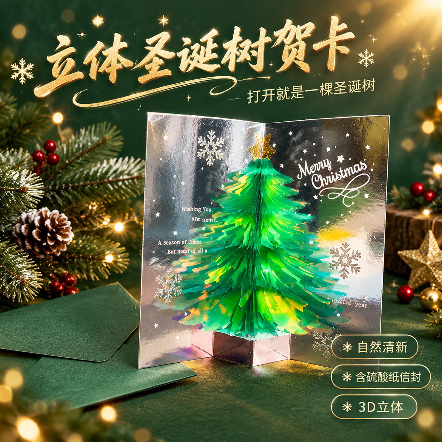 3D立体圣诞节主题贺卡带信封高级感精致创意英文送老外圣诞树高级感手写女生男朋友学生儿童老师教师节小卡片