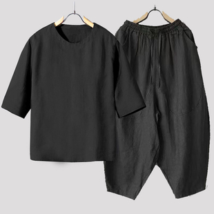 男夏季套装棉麻套装男全套薄款新中式宽松七分袖九分裤两件套