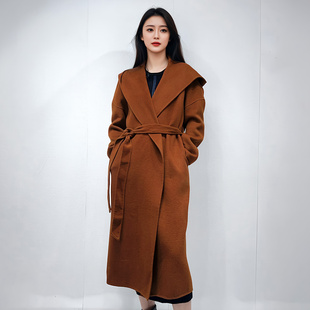 季 轻奢连帽系带双面羊毛毛呢大衣外套女8015DA203 候风专柜新品