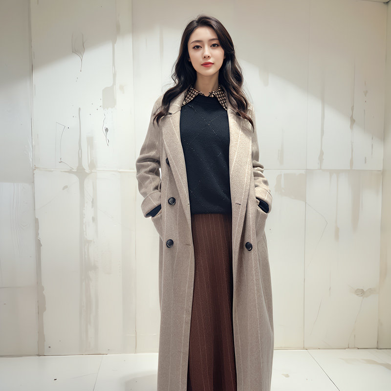 季候风秋冬长款条纹羊毛呢大衣