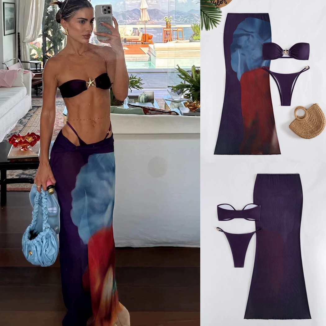 新款欧美抹胸三件套泳衣长裙性感比基尼露背分体泳装沙滩游泳衣女