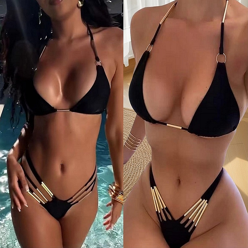 高腰綁帶女士性感比基尼分體泳衣