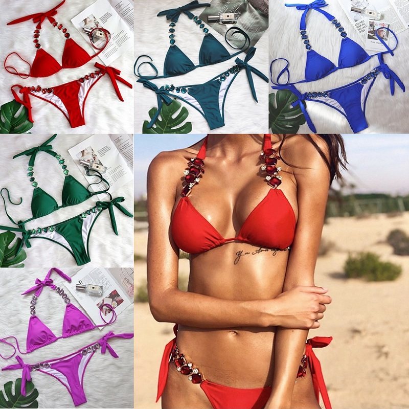 欧美性感比基尼素色绑带豪华钻石分体泳衣女士金属链配饰挂脖泳装