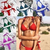 欧美性感比基尼素色绑带豪华钻石分体泳衣女士金属链配饰挂脖泳装
