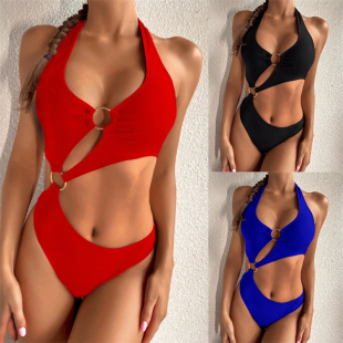 泳装 新款 纯色绷带连体泳衣女士显瘦性感比基尼沙滩度假挂脖一体式