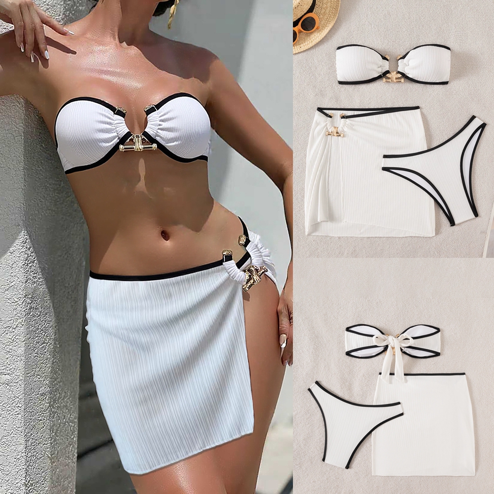 三件套比基尼分体泳衣女抹胸金属