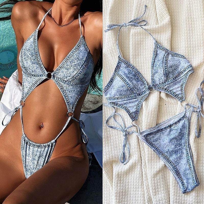 新款牛仔印花连体泳衣跨境性感比基尼欧美一体式泳装沙滩游泳衣女