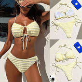 欧美性感露背三点式 比基尼沙滩纯色绑带分体泳衣度假挂脖游泳衣女
