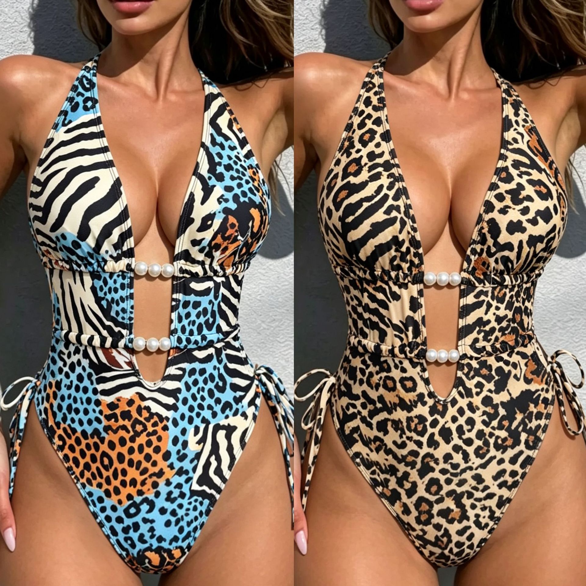 欧美连体泳衣度假时尚豹纹挂脖性感比基尼系带游泳衣女士沙滩泳装