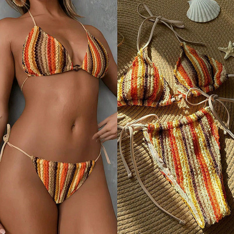 2025欧美新款拼色性感比基尼度假抽绳绑带分体泳衣沙滩挂脖泳装女