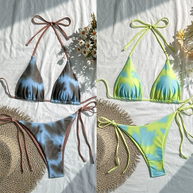 2025欧美新款性感比基尼女士豹纹印花分体泳衣沙滩度假三角包泳装