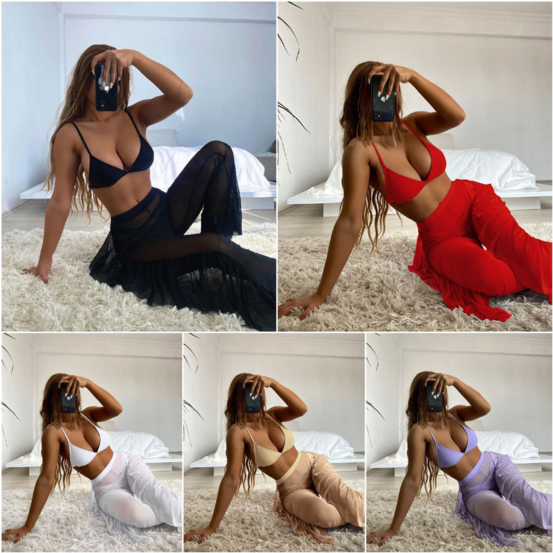 新款欧美三件套比基尼女个性荷叶边裤分体泳衣纯色性感双肩带泳装