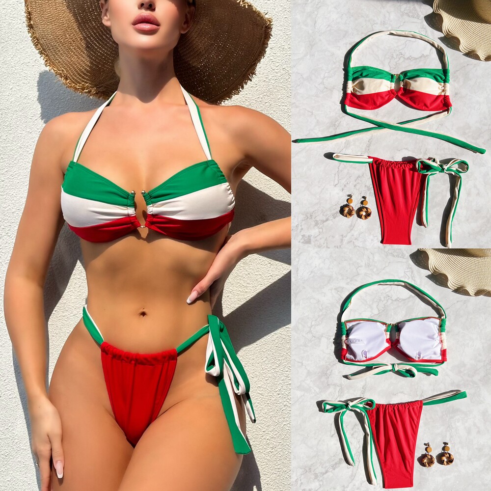 新款性感比基尼沙滩绑带分体泳衣欧美露背游泳衣女士挂脖拼色泳装