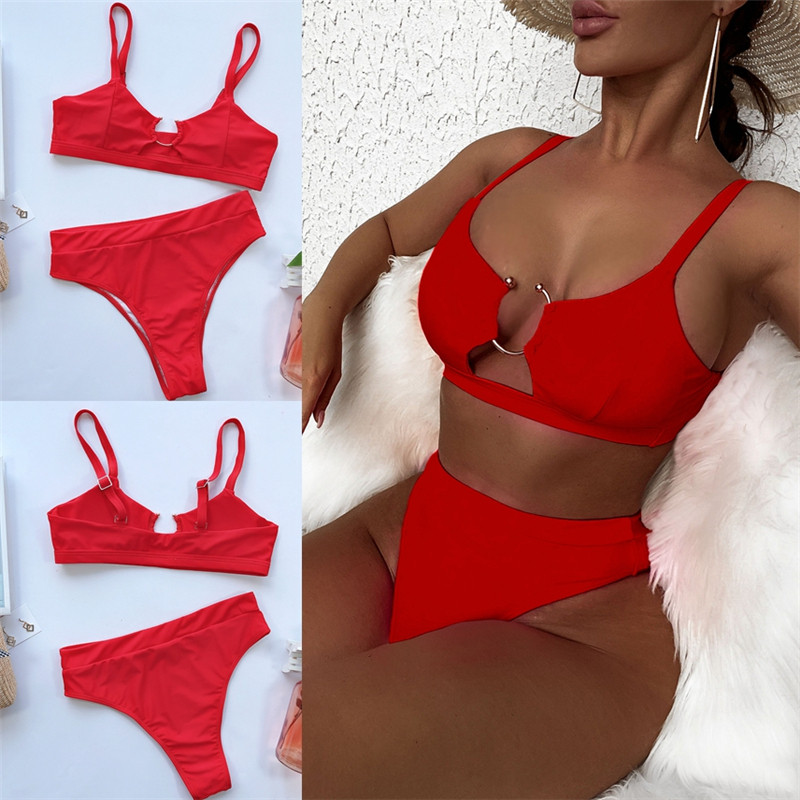 新款分体泳衣女士温泉红色性感比基尼沙滩纯色双肩带泳装度假热卖