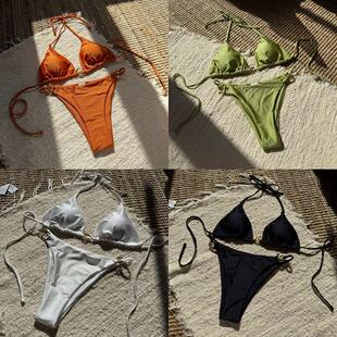 2025欧美新款锦纶性感比基尼有光金属环系带露背泳衣女士沙滩泳装