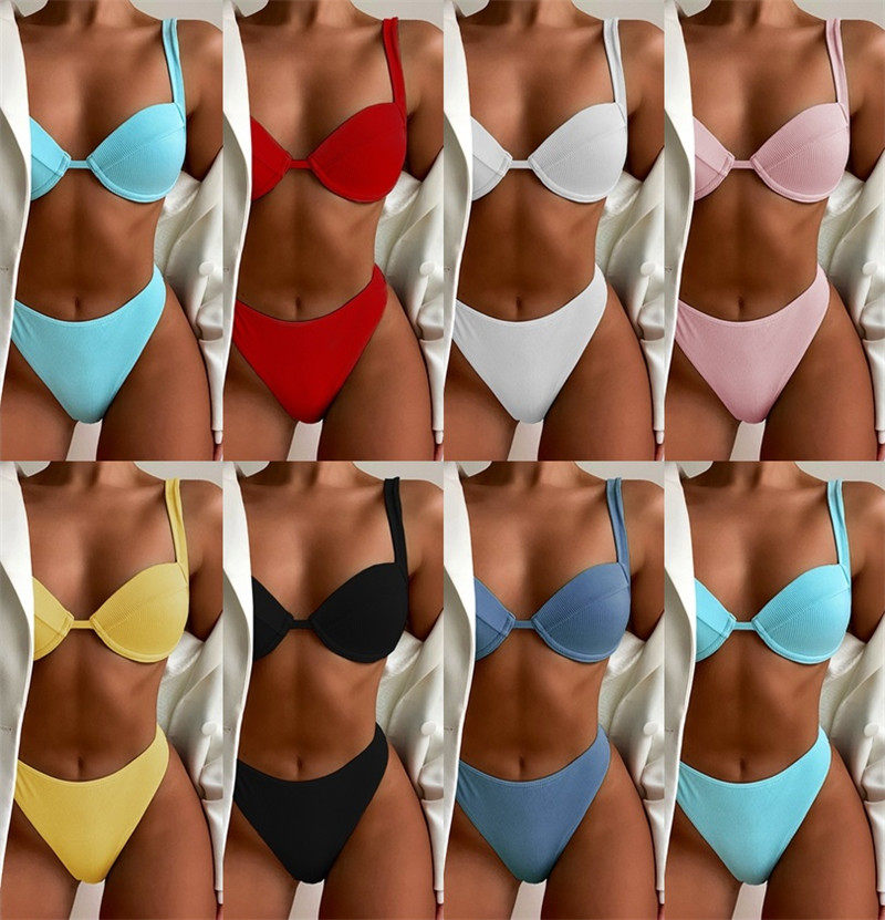 新款硬杯比基尼欧美高腰纯色分体泳衣海边时尚坑条性感聚拢泳装女