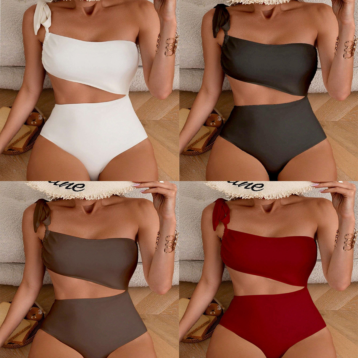 新款单肩系带纯色连体泳衣欧美镂空温泉游泳衣女士度假一体式泳装