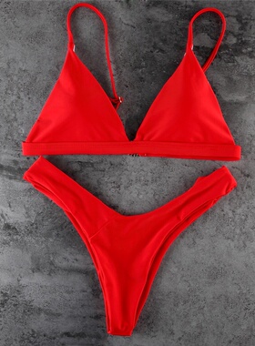 017速卖通ebay新款外贸欧美红色三角比基尼性感吊带分体泳衣