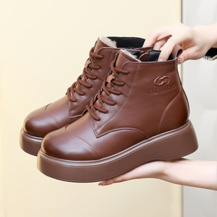 冬季松糕厚底短靴女系带真皮马丁靴轻便舒适加绒妈妈棉鞋冬天鞋子