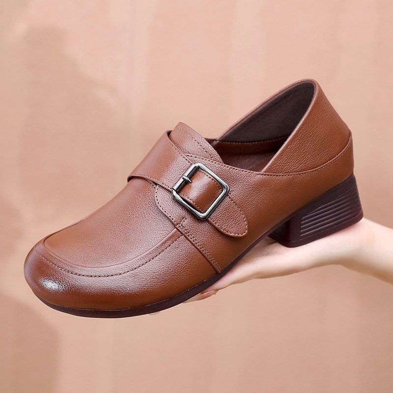 真皮妈妈鞋春秋粗跟单鞋女小皮鞋