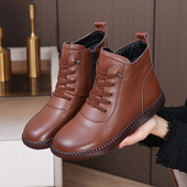 秋冬季 靴子 大码 平底短靴女真皮牛筋软底中年妈妈加绒棉鞋 防滑皮鞋