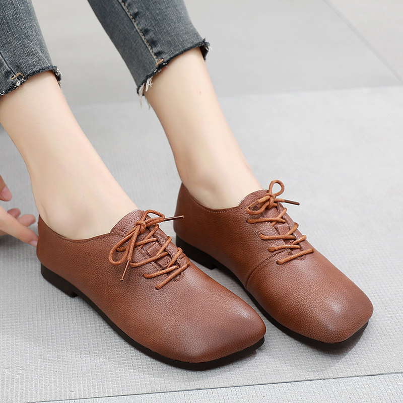 2021新款秋季方头系带单鞋女平底平跟女鞋软底英伦风小皮鞋女鞋子