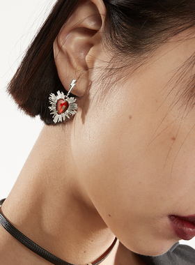 硬糖hardcandy原创首饰红色黑色爱心欧泊耳钉男款女纯银复古高级