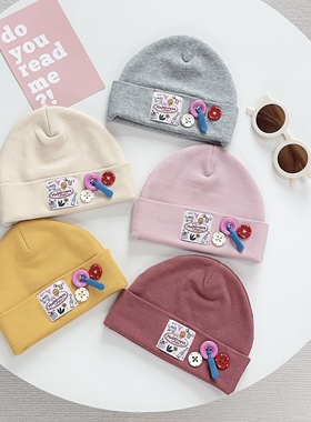 原创秋冬厚款多巴胺纽扣女宝婴儿帽儿童保暖胎帽防风纯棉弹力帽子