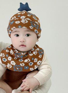 [原创秋冬韩系印花小星星新生儿男女宝纯棉婴幼儿帽围脖胎帽套装