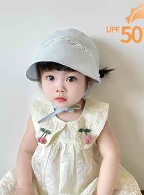 春夏婴儿薄款单层防晒镂空男女宝宝遮阳大帽檐亚麻天蓝色粉色帽子