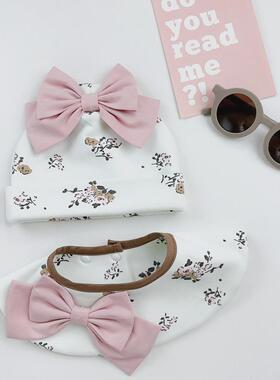 [原创]秋冬韩系碎花可爱蝴蝶结甜美纯棉婴幼儿帽新生围脖胎帽套装