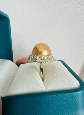 NATURBABY天然南洋金珠戒指925纯银豪镶正圆微微瑕浓茶金