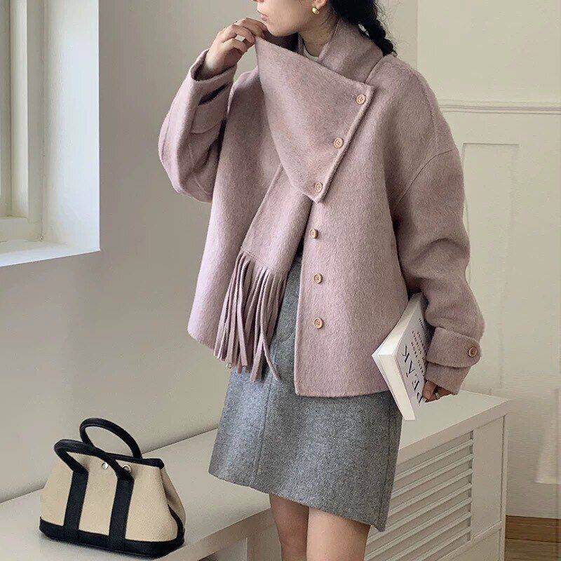 【东大门】围巾领可脱卸两穿双面羊绒大衣女小个子宽松羊毛呢外套