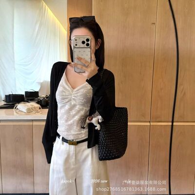 KAPOK春款纯欲风法式针织开衫+蕾丝提花抽褶背心套装