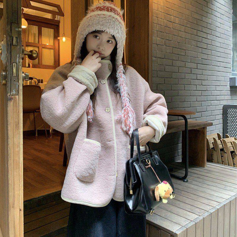 实拍2025女式日系韩系奶fufu皮毛一体羊羔毛厚外套女