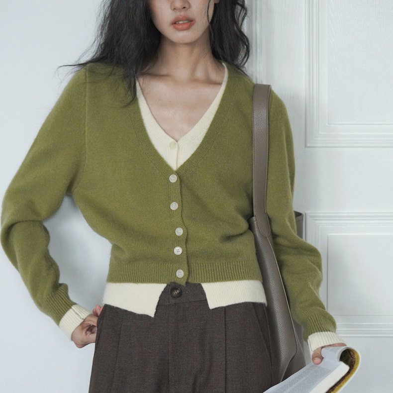 EIGHTMONTH 绿色假两件毛衣女秋季新款针织开衫上衣慵懒高级感