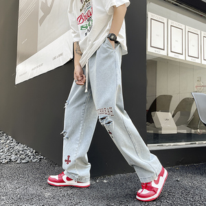 春夏季破洞高街牛仔裤 印花割破男女直筒裤    -N300 P58图片