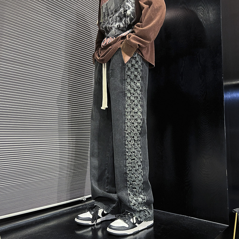欧美高街复古刺绣牛仔裤男潮牌直筒宽松潮流坠感长裤  n331 p55图片