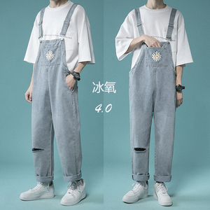 中性破洞牛仔背带裤男女宽松直筒吊带裤-BD43-p68,长款娃娃裙怎么搭配图片