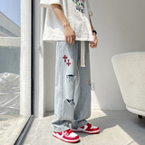 春夏季破洞高街牛仔裤印花割破男女直筒裤-N300P58，男装牛仔裤，星座712